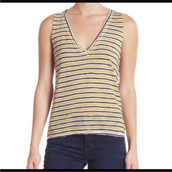 PROJECT SOCIAL T | Striped V-Neck Yellow White Navy Blue Tank Top Women’s Size M - Picture 1 of 9